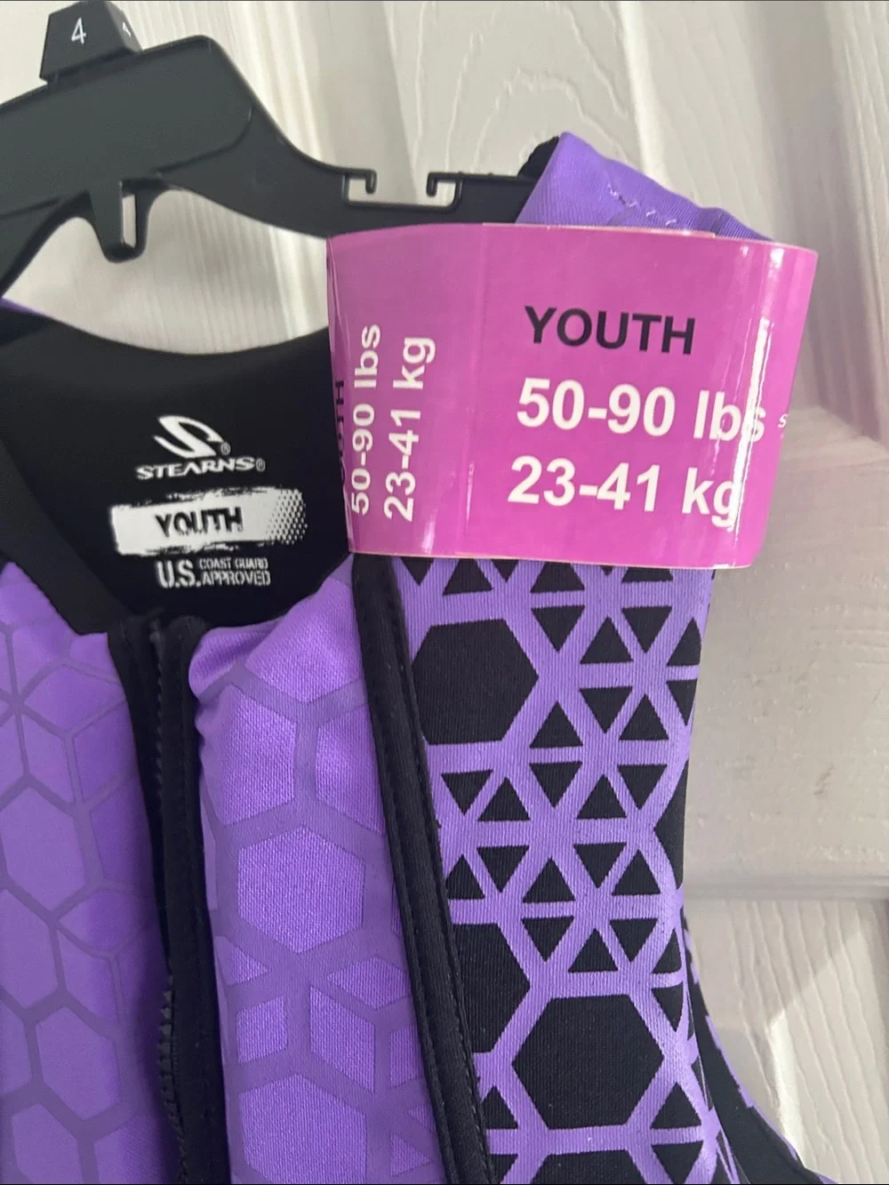 STEARNS YOUTH LIFE JACKET PURPLE HEX PATTERN SIZE YOUTH 50-90LBS NWT